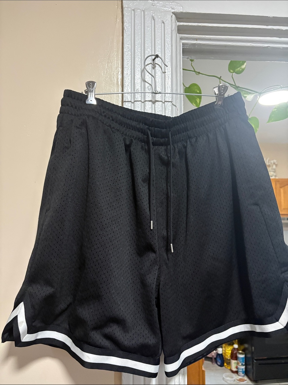 & Other Stories Black Mesh Athletic Shorts with White Hem Stripes